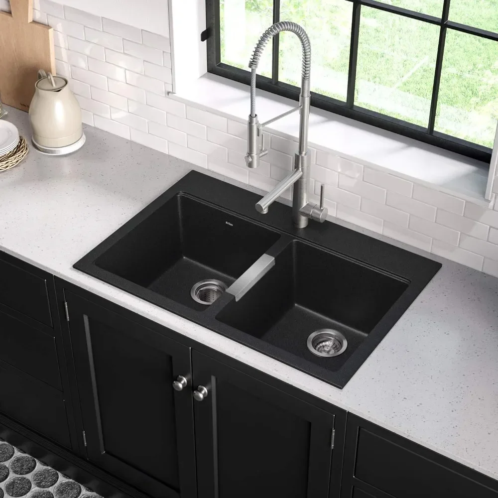 Quarza Kitchen Sink, 33-Inch Equal Bowls, Black Onyx Granite, KGD-433B model