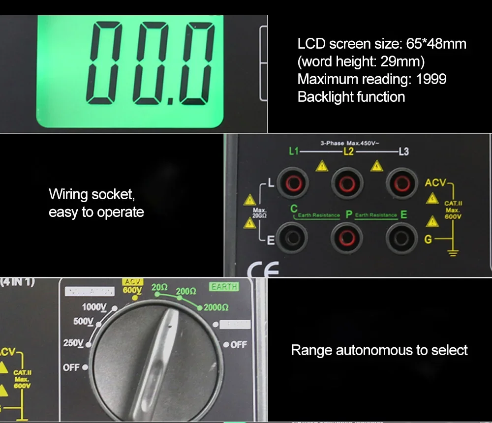 DUOYI-multímetro Digital multifunción DY5500, probador de tierra de aislamiento, voltímetro, indicador de fase, 4 en 1, 0.01ohm a 2000 ohmios