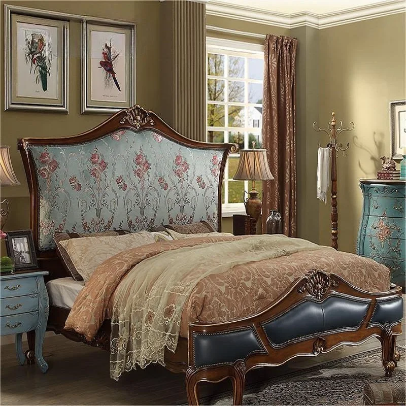 European style retro Rococo fabric double bed imported solid wood master bedroom king bed high-end wedding bed AS