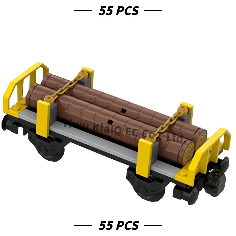 MOC Railway Log Transport Flatcar Wagon Building Blocks 55Pcs, Freight Train Timber Carriage Bricks Adults