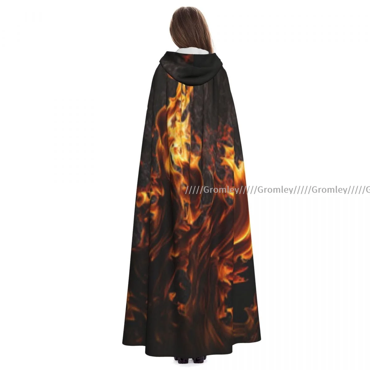 

Fire Print Witch Cloak Hooded Cosplay Costume Halloween Adult Long Party Cape