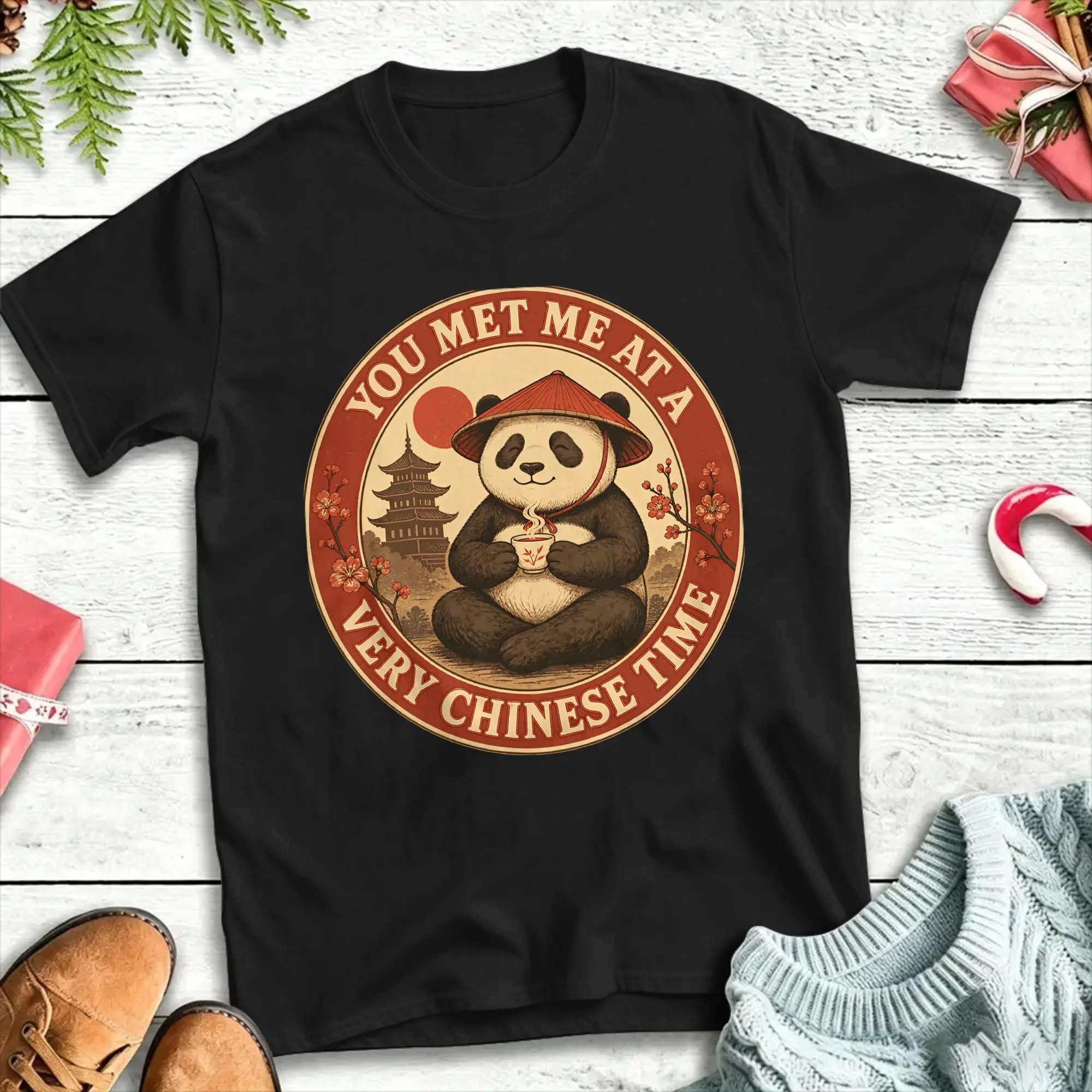 You Met Me At A Very Chinese Time Cute Panda Tea Circle Badge Casual Cotton Tees Short Sleeve  T Shirt O Neck Clothing