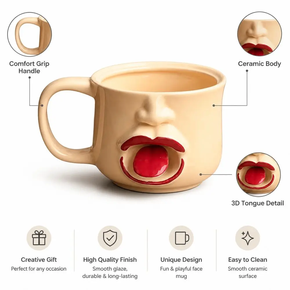 Gifts 3D Tongue Ceramic Mug Irregular Shape Abstract Face Novelty Coffee Mug Comfortable Handle Drinking Cup Home Drinkware