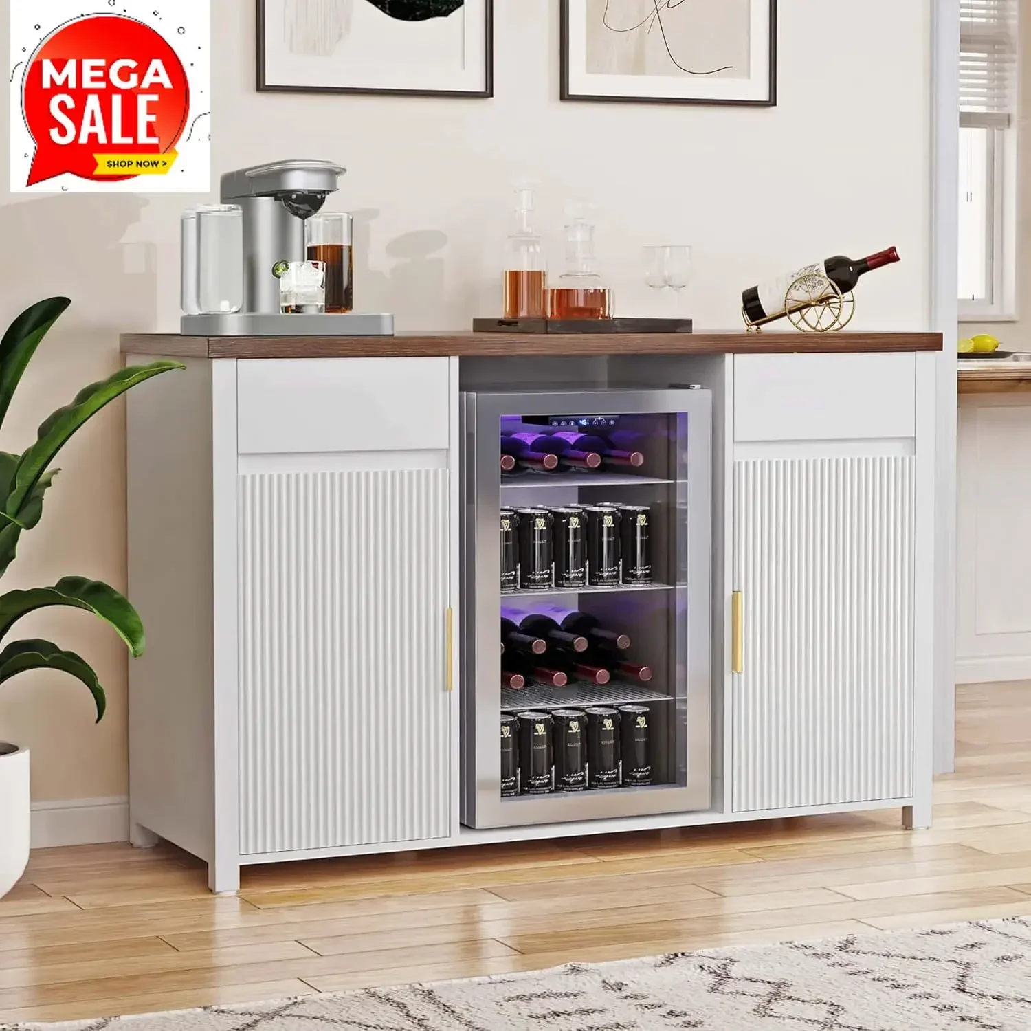 Large Coffee Bar Cabinet Fridge Space Mini Fridge Cabinet Wine Storage Buffet Sideboard Table Home Fluted Modern Design 532 Inch