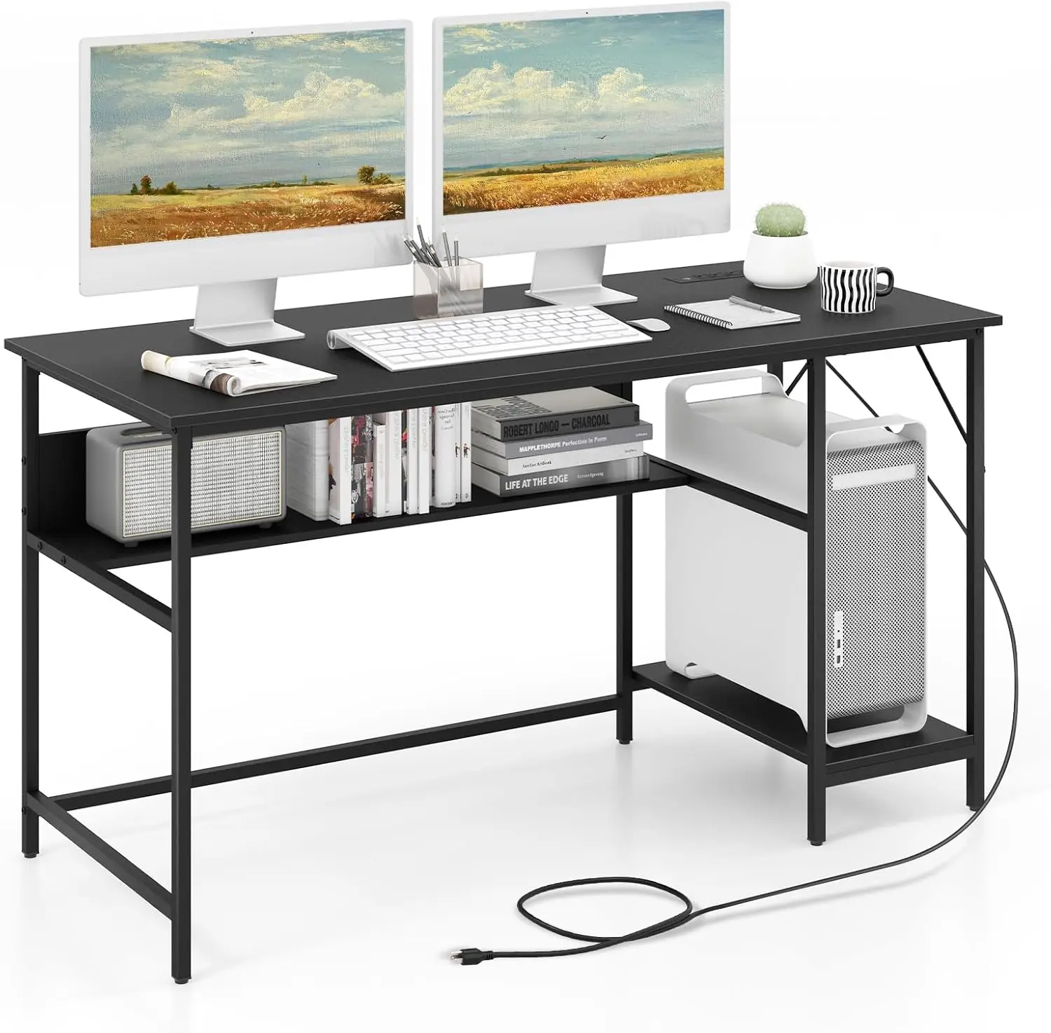 Tangkula 55 Inch Computer Desk With 4 Power Outlets & 2 Usb Ports, Home Office Desk With Built In Charging Station With Switch,