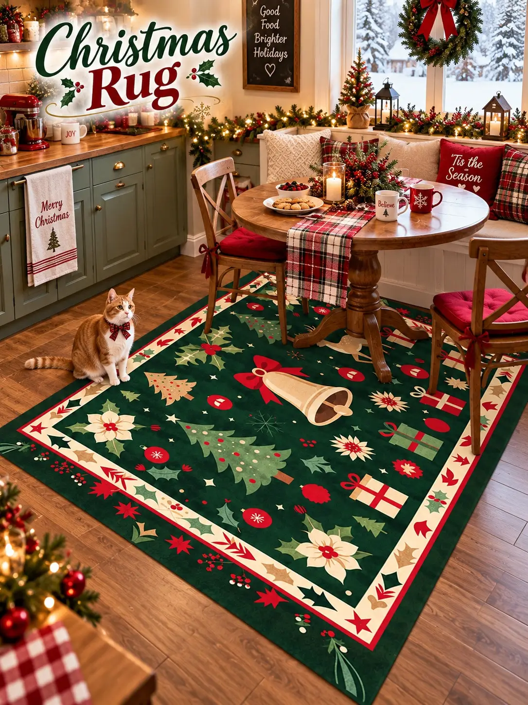 Christmas Rug Bell Tree Presents Stars Floor Decor Carpet Living Room Bedroom Dining Area Entryway Apartment Cottage Winter Home Styling Beside Sofa Armchair Housewarming Birthday Gift for Family Friends Neighbors Homeowners Holiday Dinner Gatherings