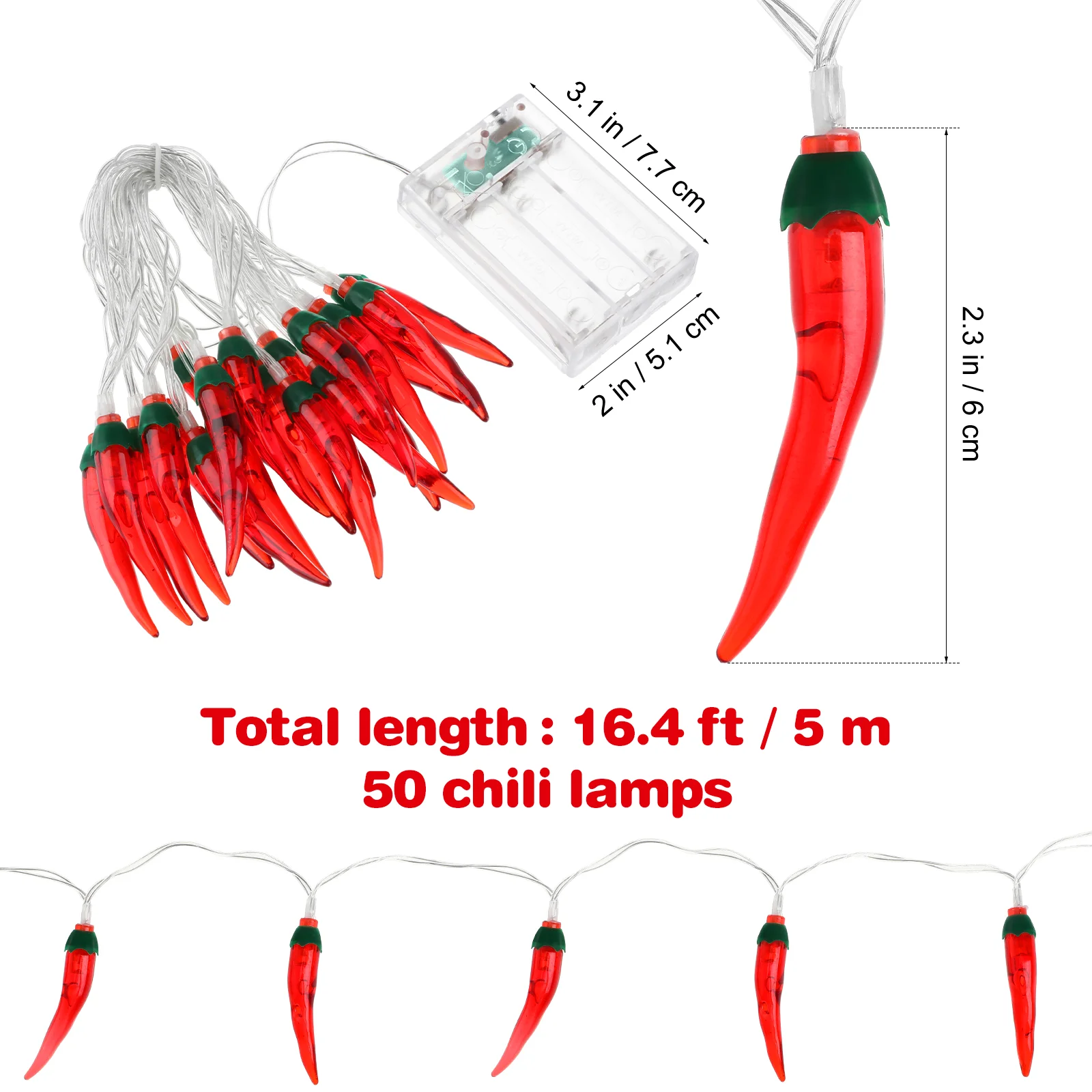 5M Chili String Lights 50 LEDs -operated Pepper Lights Decorations for Party Patio Fence Deck Balcony Camping (without Ba