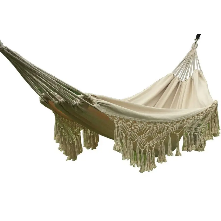 

Cotton Woven Balcony Hammock Hanging Rope Chair Porch Swing with Crochet Fringe for Backyard Patio Garden Outdoor and Indoor Boh