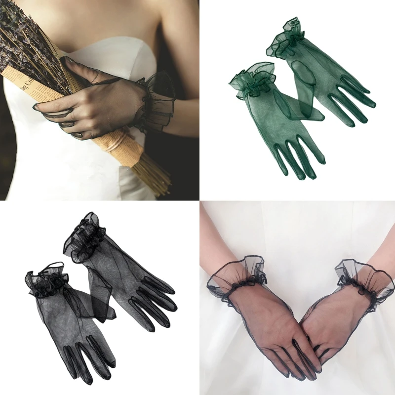 Vintage Full Finger Gloves Short Wedding Gloves Party Gloves Wrist Length Tulle Gloves for Women Girls Concer Dropshipping