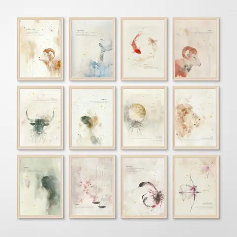 Watercolor Vintage Zodiac Poster Minimalist Astrology Horoscope Canvas Painting Wall Art Picture for Living Room Home Decor