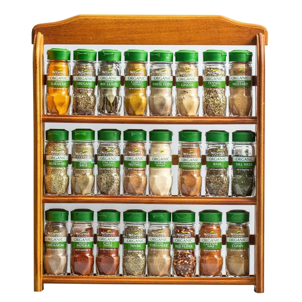 

Organic Three Tier Wood Spice Rack 27.6oz 24 Count Herbs Spices Gift Set Wall Mounted Sturdy Access Convenient Mounted Popular