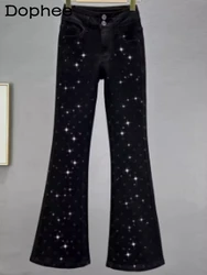 European Goods Rhinestone Denim Bell-Bottom Pants Women Spring New Elastic High Waist Slim Slimming Mop Trousers Flare Jeans