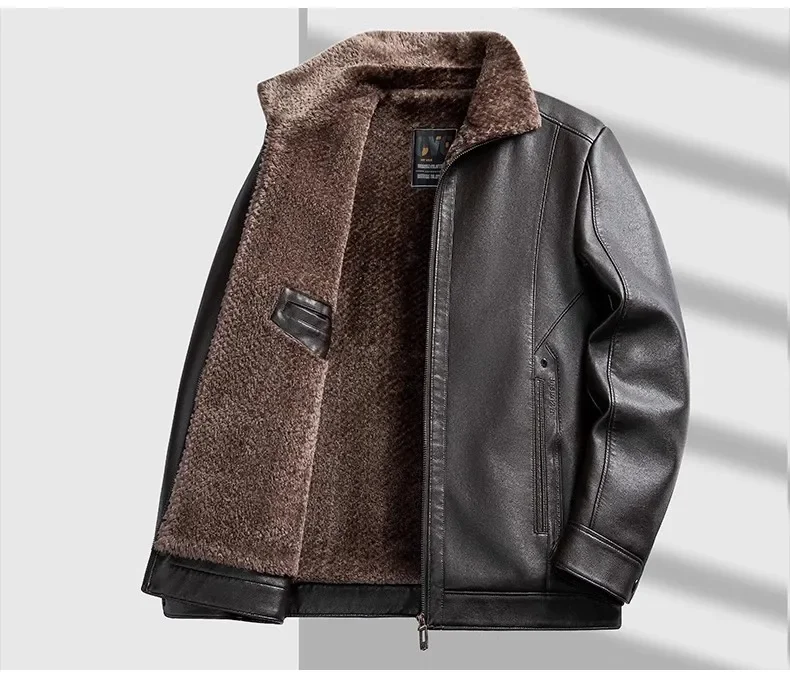 

Winter Coat Middle-aged Men's Fur Integrated Lapel Leather Jacket Men Among The Elderly Fleece Thickened Leather Jacket