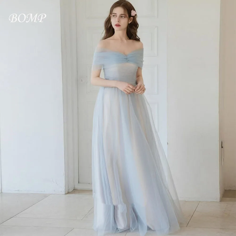 

BOMP Fairy Off Shoulder Wedding Party Dress A-Line Floor Length Blue Tulle Korea Photo Shoot Bridal Reception Gown Customized