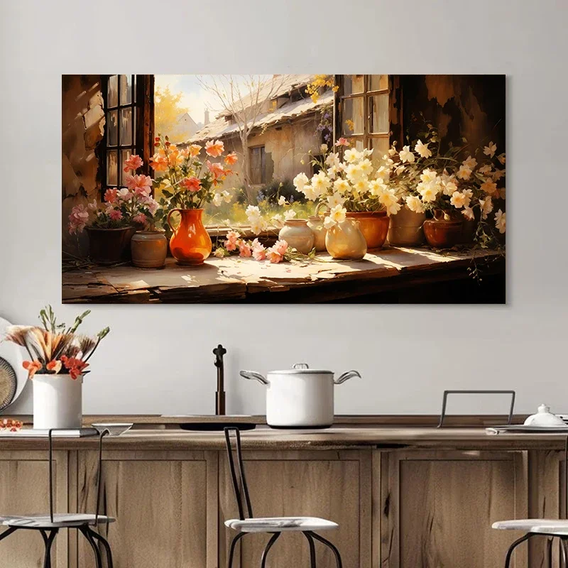 Multiple sizes 1pc frameless  Large size Canvas Painting,Sunlight Shines on The Vase and Fresh Flowers Poster and Prints Canvas