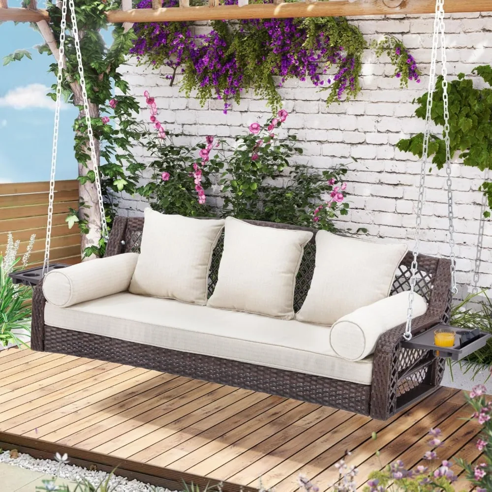 

3 Seat Porch Swing, Wicker Patio Swing with Cup Holders & 3 Back Cushions, Yard Swing with Chains for Deck Garden Backyard,Brown