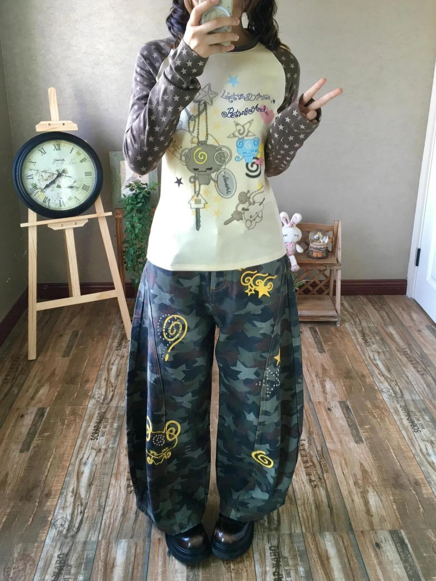 Millennium Trendy Wide Leg Pants Women's Loose Slimming Casual Floor-Length Knife Blade Print Denim High Waist Pocket Detail