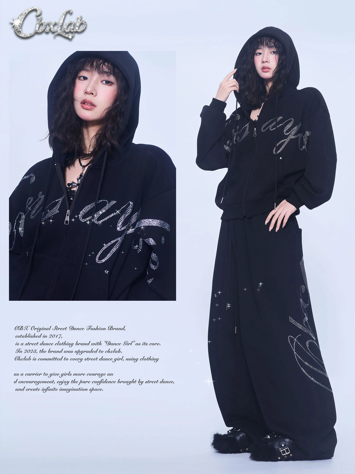 CBXLAB Street Dance Trendy Brand Glitter Heart Rhinestone Set Autumn Winter Fleece Lined Hooded Jacket Hip Hop Pants view 4