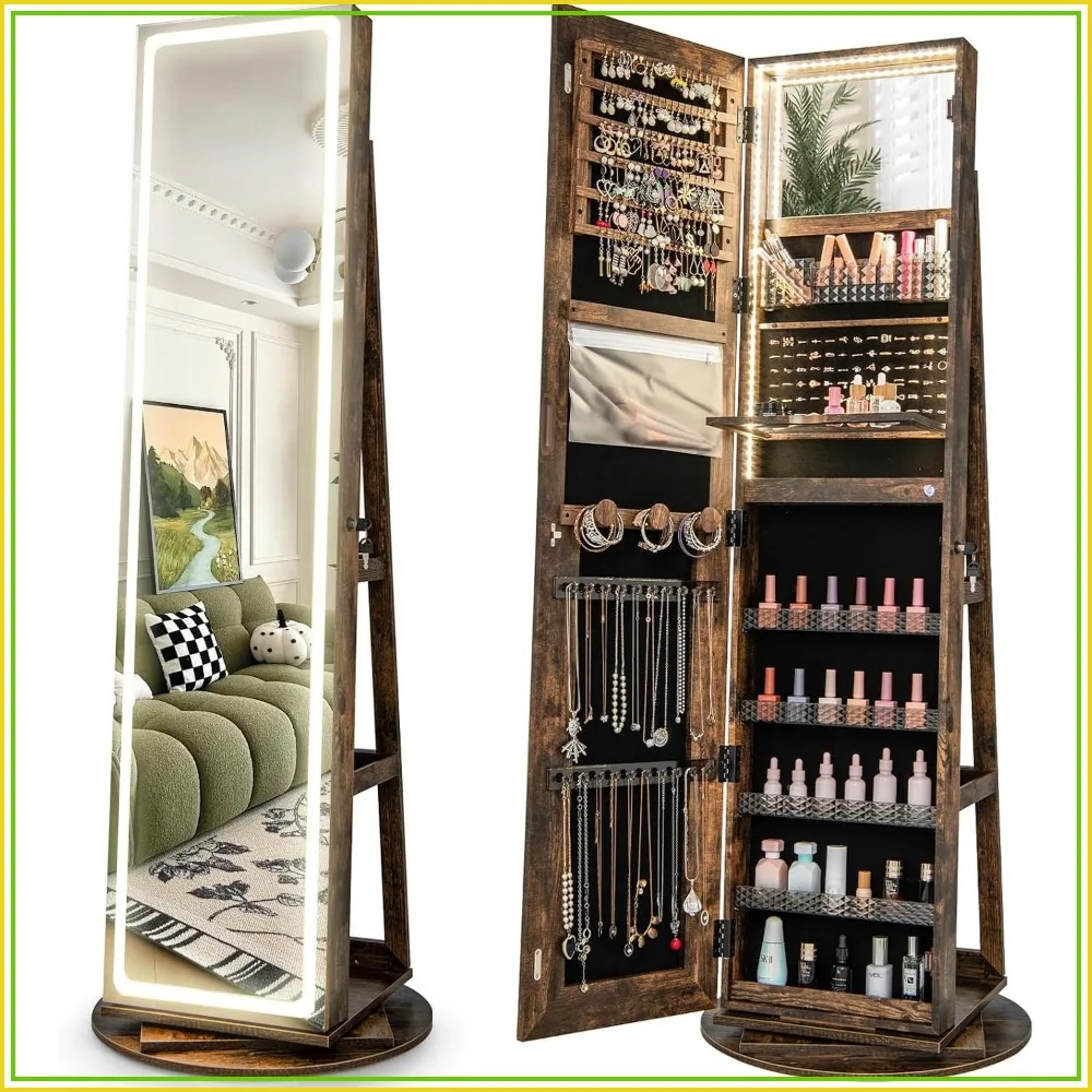 Rotating Jewelry Armoire with LED Mirror, Lockable Storage Cabinet, Rustic Brown