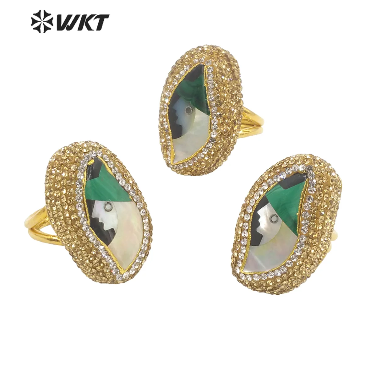 WT-MPR033   WKT 2022 Bohemian Style Natural Malachite&MOP&Rhinestone Gold Plated Finger Ring Fashion Party Retro High Quality