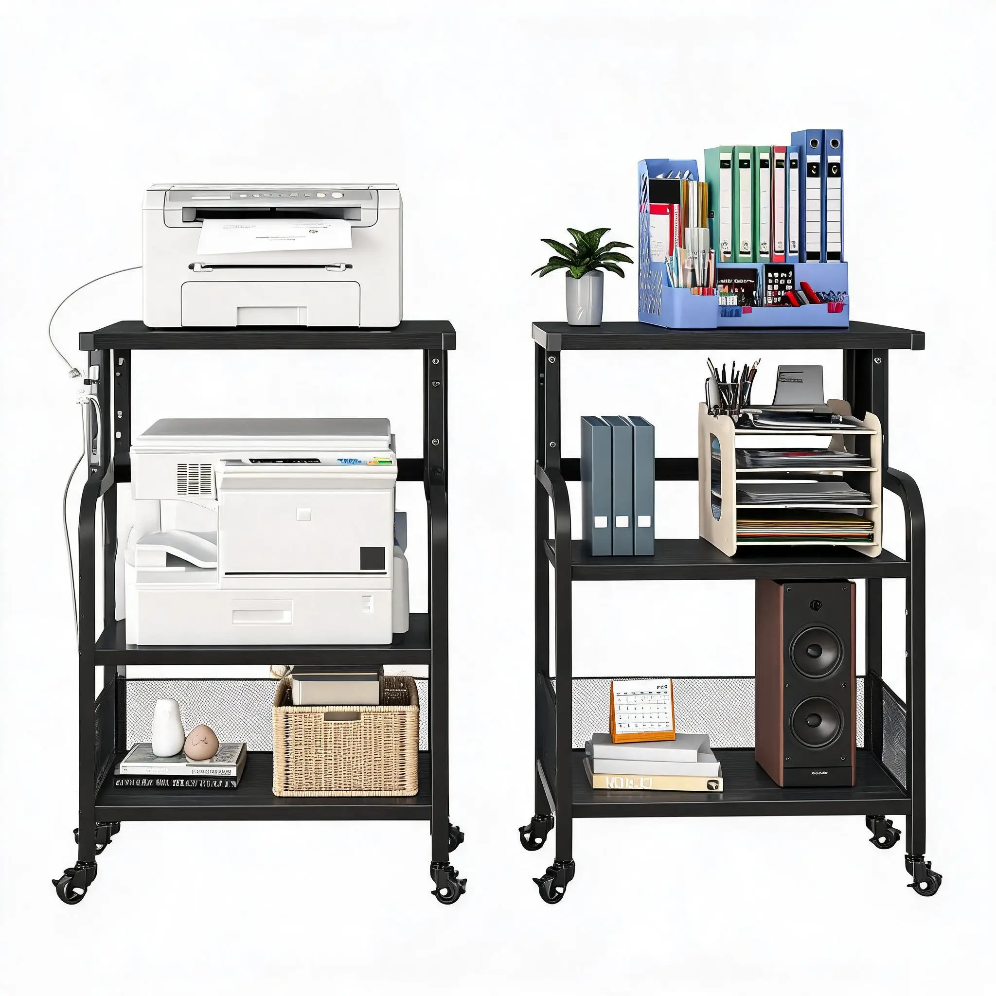 3-Tier Mobile Printer Stand with Power Outlets & USB Charging Ports - Large Rolling Printer Cart - Adjustable Storage Shelf - Wheels for Easy Mobility - Under Desk Organizer for Office or Home