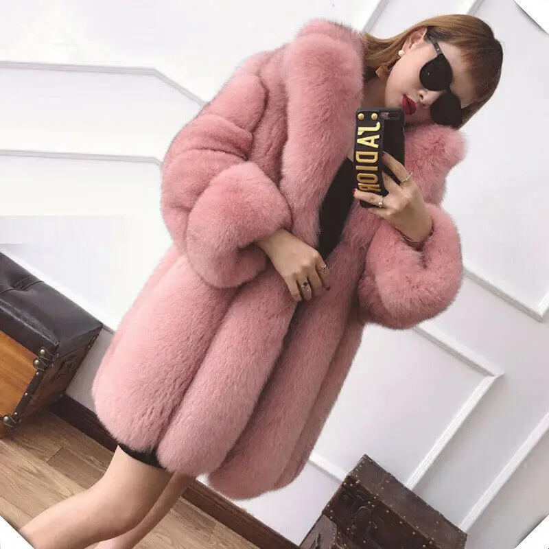 

Pink Thicken Fox Fur Coat Women Luxury Elegant Outertwear Winter Warm Fashion Genuine Strip Sewed Fox Fur Jacket Lady