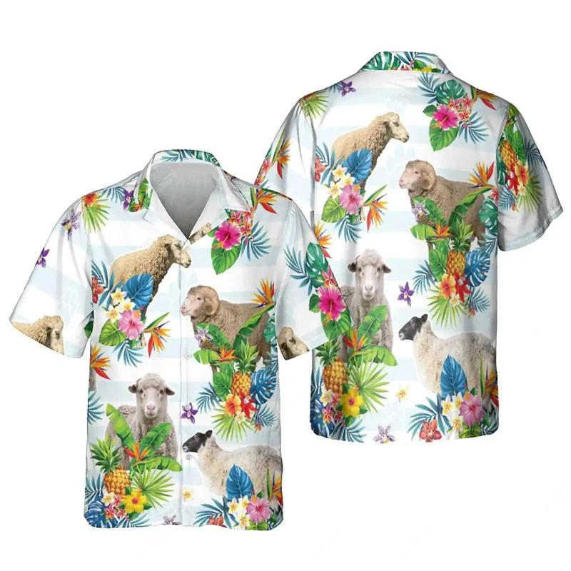 Funny Casual Animal Sheep Horse Graphic Shirts For Men Clothing Fashion Hawaiian Lapel Blouse Vacation Surfing Beach Shirts Tops