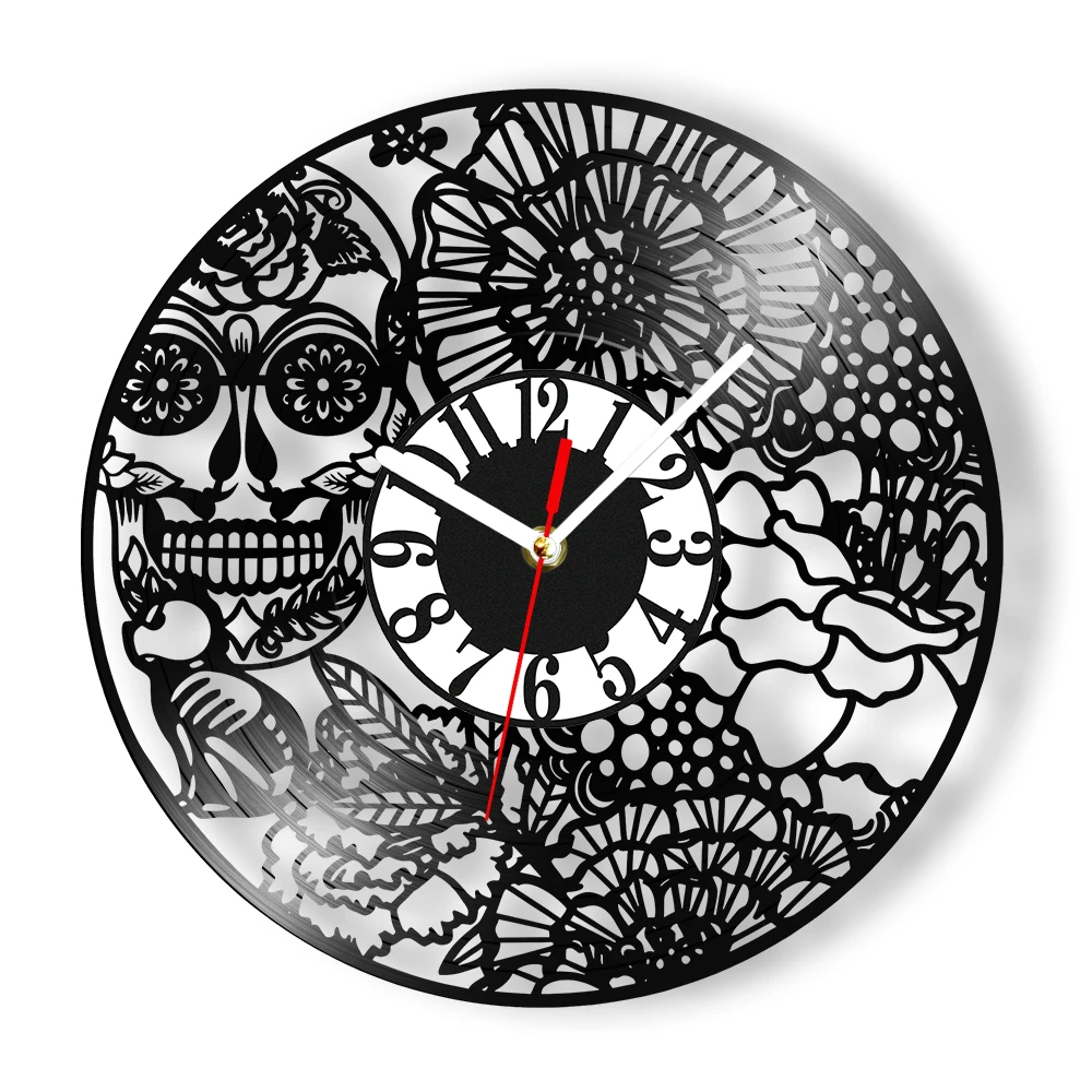 Floral Sugar Skull Vinyl Record Wall Clock Day Of The Dead Gothic Art Home Decor Laser Cut Longplay Retro Music Album Wall Clock