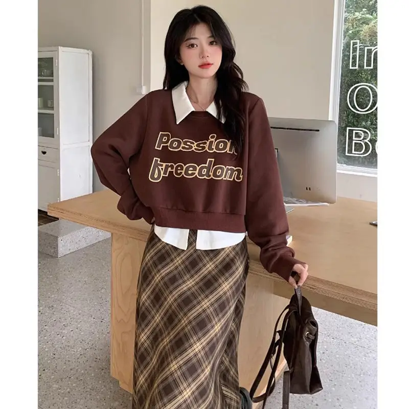 Autumn Winter Fake Two Pieces Sets Sweet Preppy Style Women Sweatshirt Print High Waist Long Plaid Skirts Vintage Fashion Suit