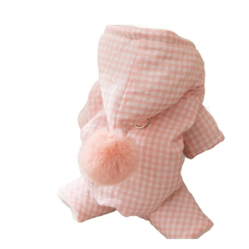 

Plaid Four Leg Dog Jumpsuit Hooded Cotton Padded Extra Warm Clothing With Pompon Tail Christmas Outfit For Small Dog And Puppies