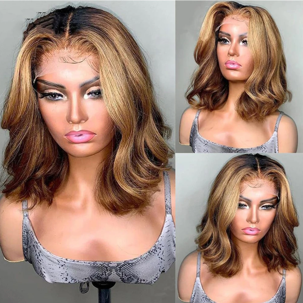Bob Wig Remy Hair Body Wave Bob Wig Ombre Colored Human Hair Wig P4/27 T Part Lace Wig Body 13x5x1 T Part Bob 180% Density