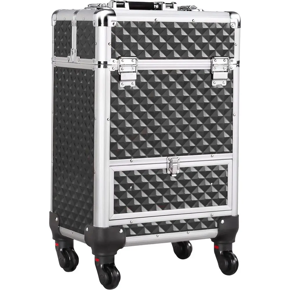 Portable Makeup Train Case with Nail Trolley - Black/Silver | Durable ABS, Organizes Supplies, Smooth Rolling, Lockable for Trav