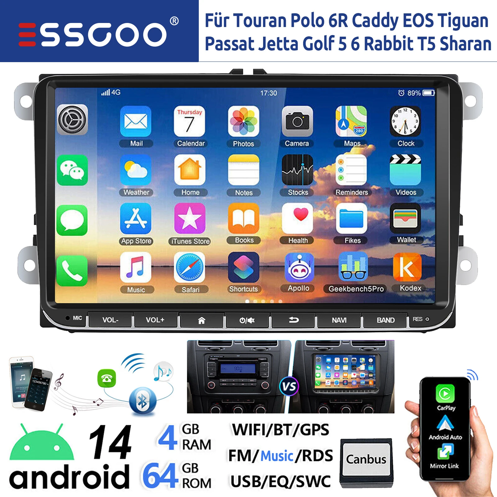 ESSGOO 9" Android 14 4G+64G Wireless Apple Carplay Autoradio Per VW Golf 5 6 Passat B6 B7 Polo 6R Touran Tiguan Caddy EOS Jetta T5 Seat Skoda GPS NAVI WIFI RDS FM Bluetooth USB Touchscreen Mirror Link