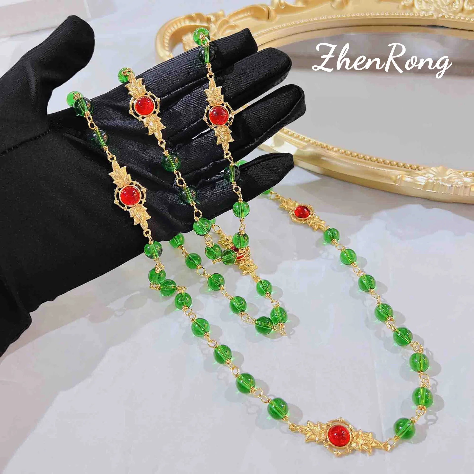 S925 sterling silver necklace retro autumn new green bead set chain sweater chain necklace bracelet two straps
