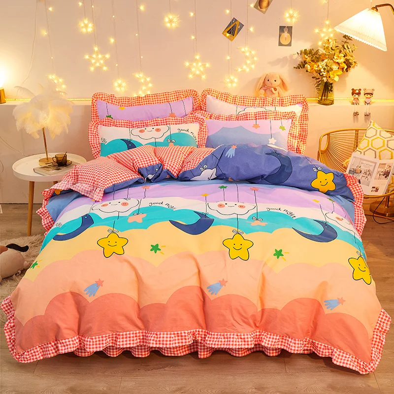 Rainbow Stars Cloud Duvet Cover Cartoon Style Bedding Set Reversible Grid Print Comforter Cover Soft Polyester Quilt Cover 3 Pcs