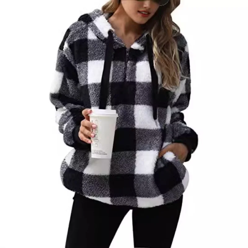 Women's Plaid Fleece Hoodie Half Zip Long Sleeve Loose Casual Pullover Multi Color Autumn Winter Top