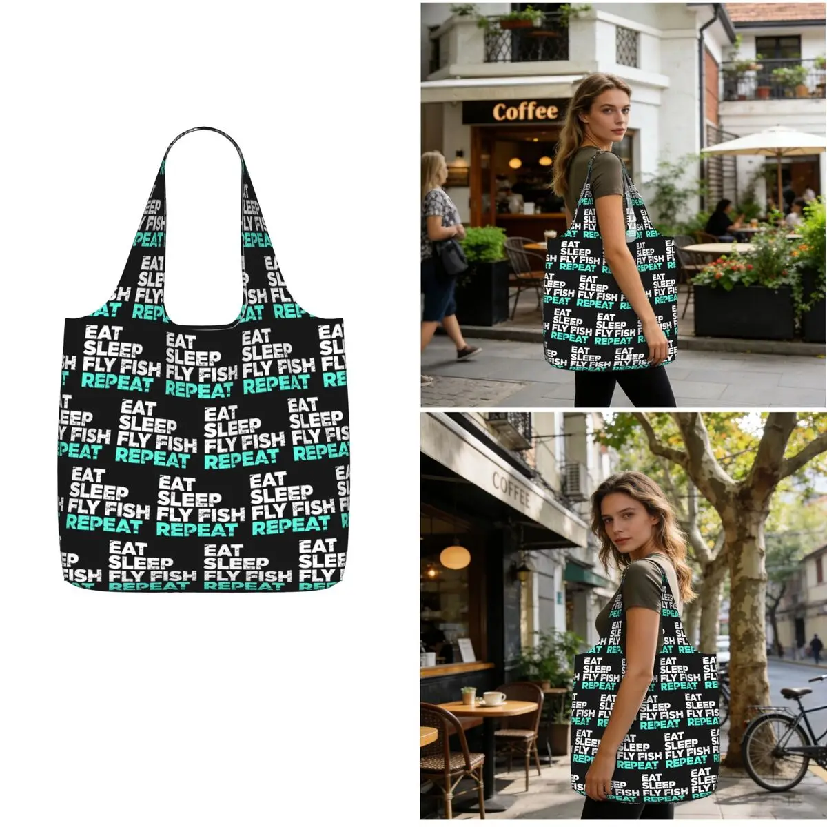 Eat Sleep Fly Fish Fly Fishing Graphic Shopping Tote Bag Canvas Large Capacity Shoulder Bags Shopper Grocery Handbag for Women