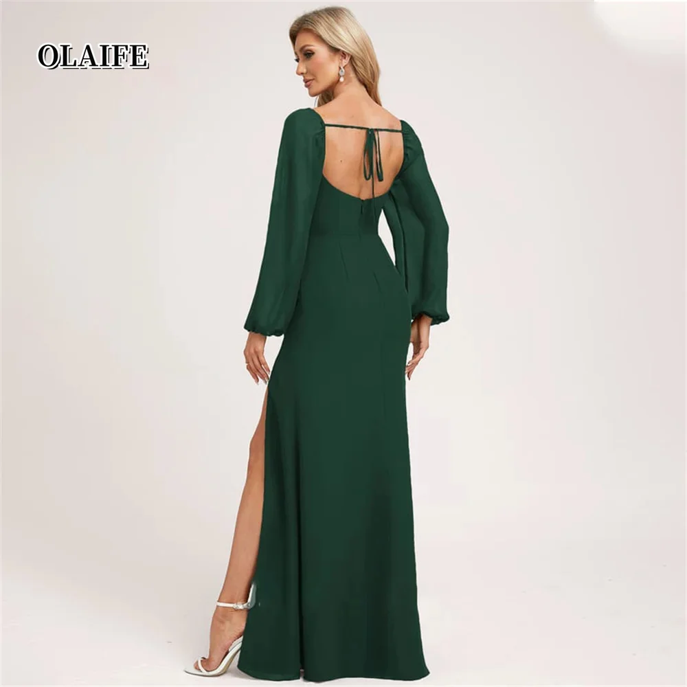 New A-line Bridesmaid Dress Scoop Neck Simple Long Sleeves Side Slit Floor-Length Chiffon Bow Back for Weddings