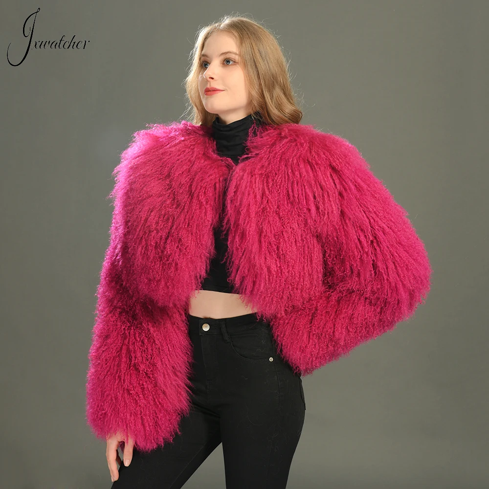 Jxwatcher Real Mongolian Sheep Fur Coat Women Fashion Short Cropped Natural Fur Jacket Ladies Fluffy Fur Coats Winter Plus Size