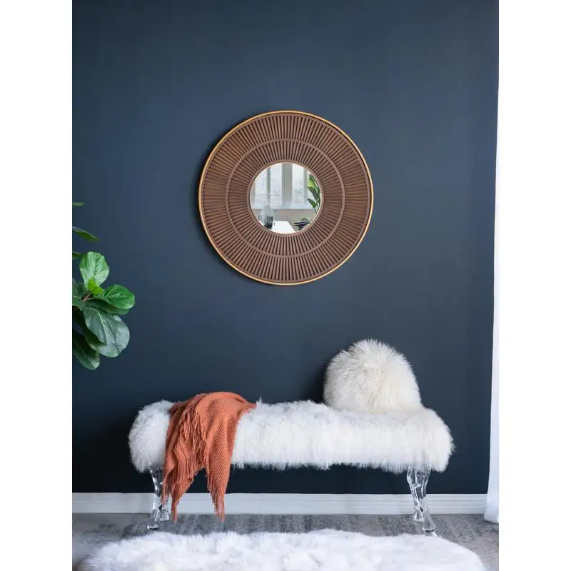 

31.5" Round Wooden Mirror with Gold Iron Frame - Neutral Wall Decor for Living Space, Bathroom, or Entryway