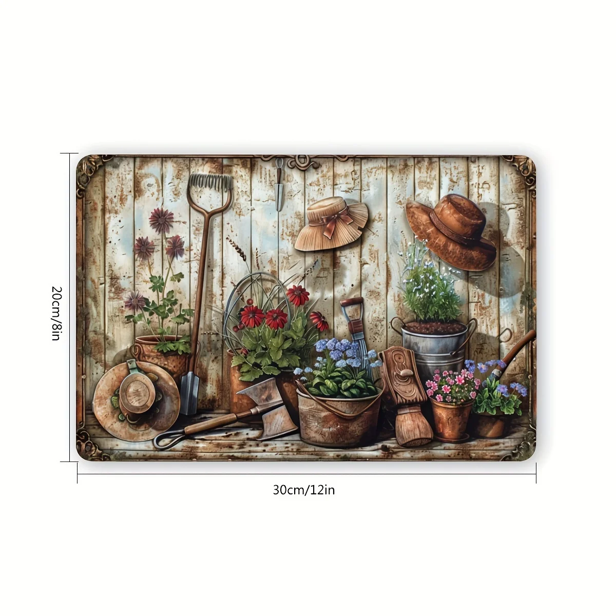2D Flat, Vintage Floral Metal Wall Art Sign - 30.48x20.32 cm Rustic Garden Decor with Flowers, Buckets, Hats & Tools, Durable