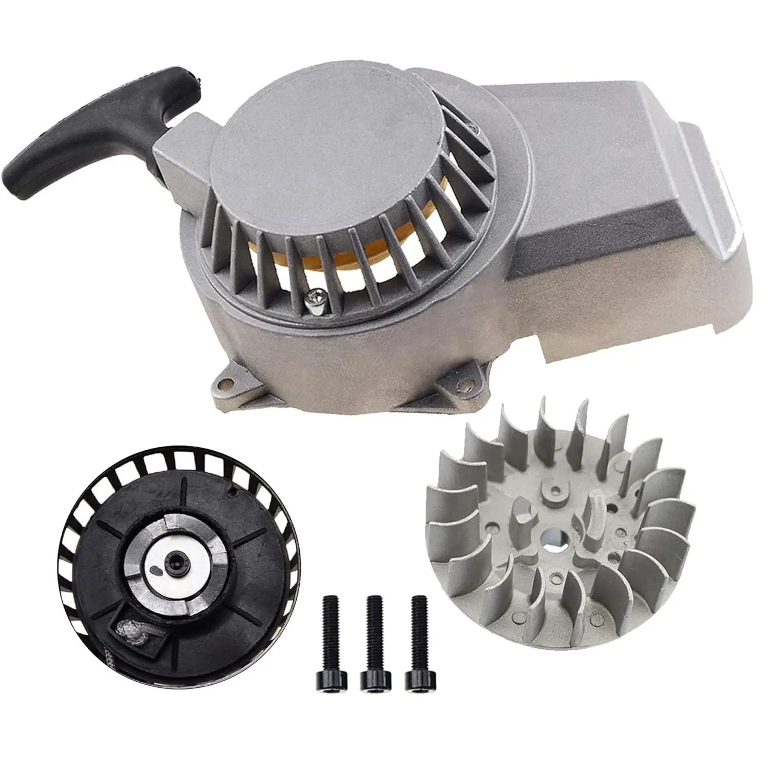 GOOFIT Alloy Pull Recoil Starter with Flywheel for 2 stroke 47cc 49cc Engine Pocket Dirt Bike Mini ATV Quad Wheeler Gray