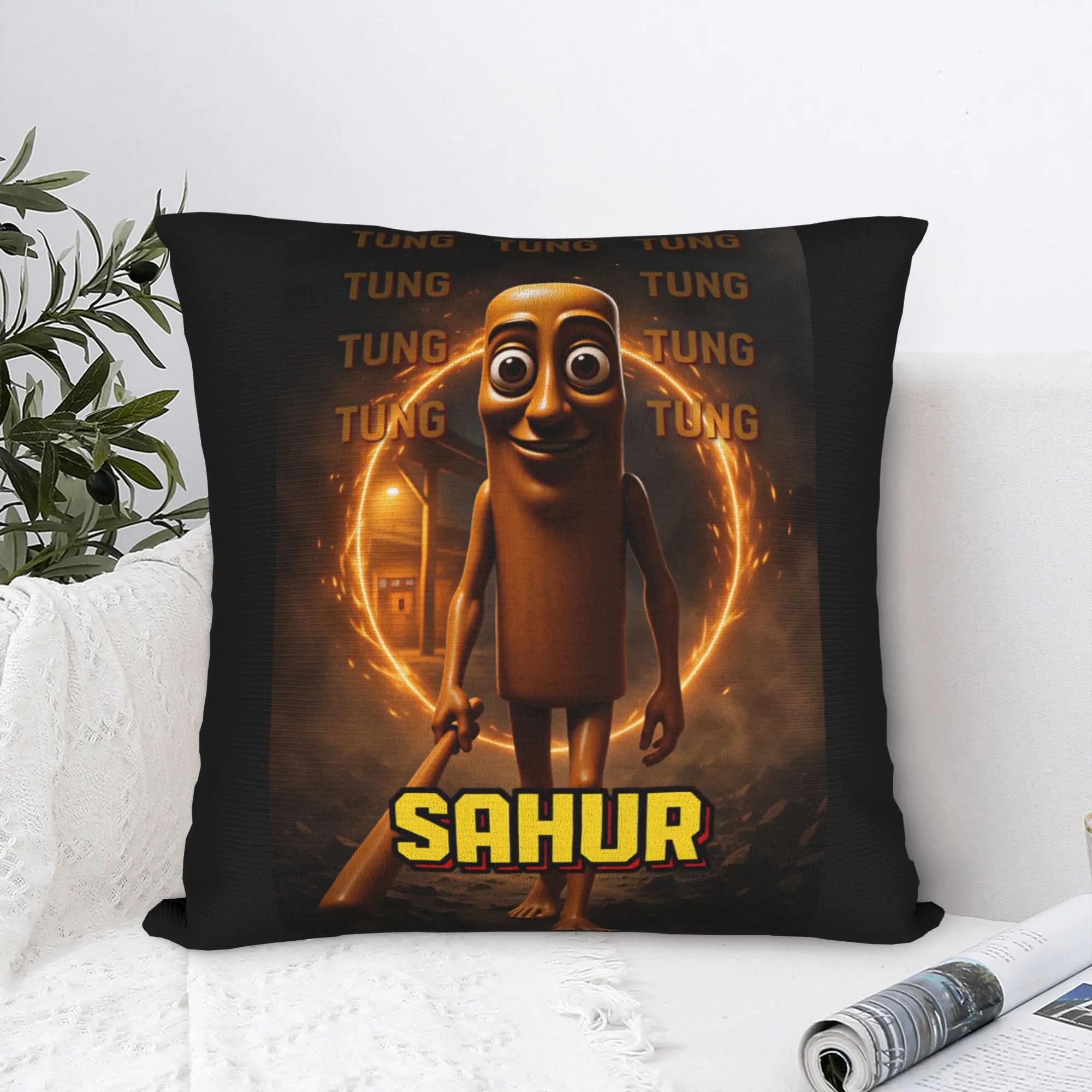 Tung Tung Sahur Fire Ring Dark Night Meme Pillow Case  Soft Pillow Cover Vintage Cushion Cover For Sofa Home Decor