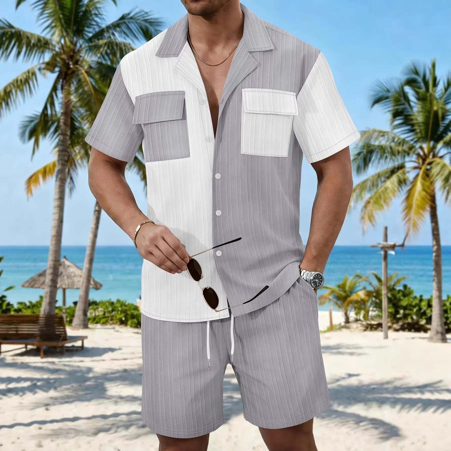 Men's Color Block Short Sleeve Shirt And Shorts Set Casual Sportswear Polyester Fiber Four Seasons Universal Short Pants
