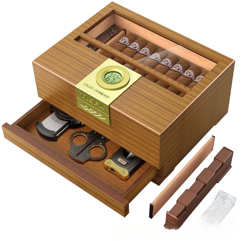 

Cigar Box Humidor with Hygrometer and Humidifier, Cedar Wooden Case with Drawer