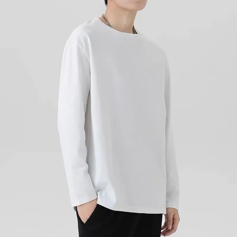 Men Fashion Pure Cotton Long Sleeve T-shirt Comb Round Neck Black White Versatile Couple Base Culture Shirt