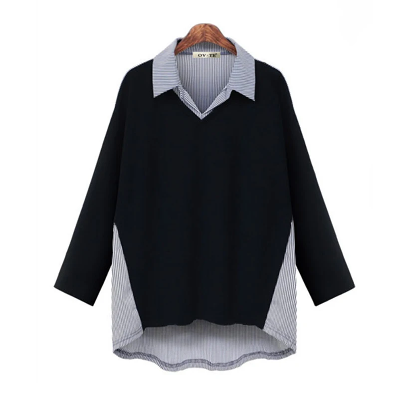 

Spring Autumn plus Size Women's Shirt Collar Fake Two-Piece Top Striped Patchwork Loose Slimming Long Sleeve Blouse