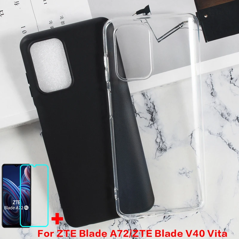 2in1 Tempered Glass For ZTE Blade A52 A72 4G Case Silicon Soft TPU Cover For ZTE Blade V40 Vita Etui Capa Transparent Phone Case