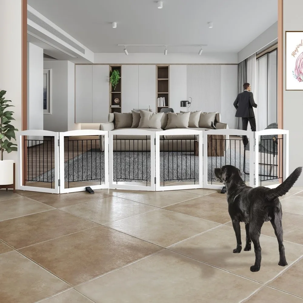 Freestanding Dog Fence Indoor Foldable Dog Gate for Doorways Stairs or Hallways Sturdy Wood Extra Wide Pet Gate with