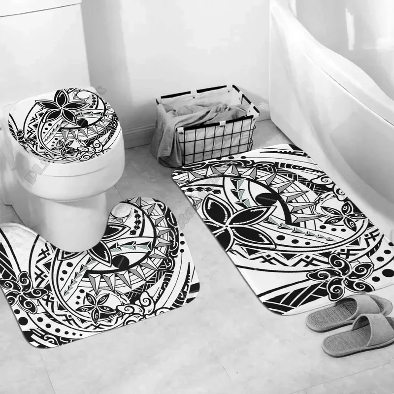 Polynesian Home Set Hibiscus Watercolor Tribal Floral Bathroom Set 3D print Bathroom Pedestal Rug Lid Toilet Cover Bath Mat Set